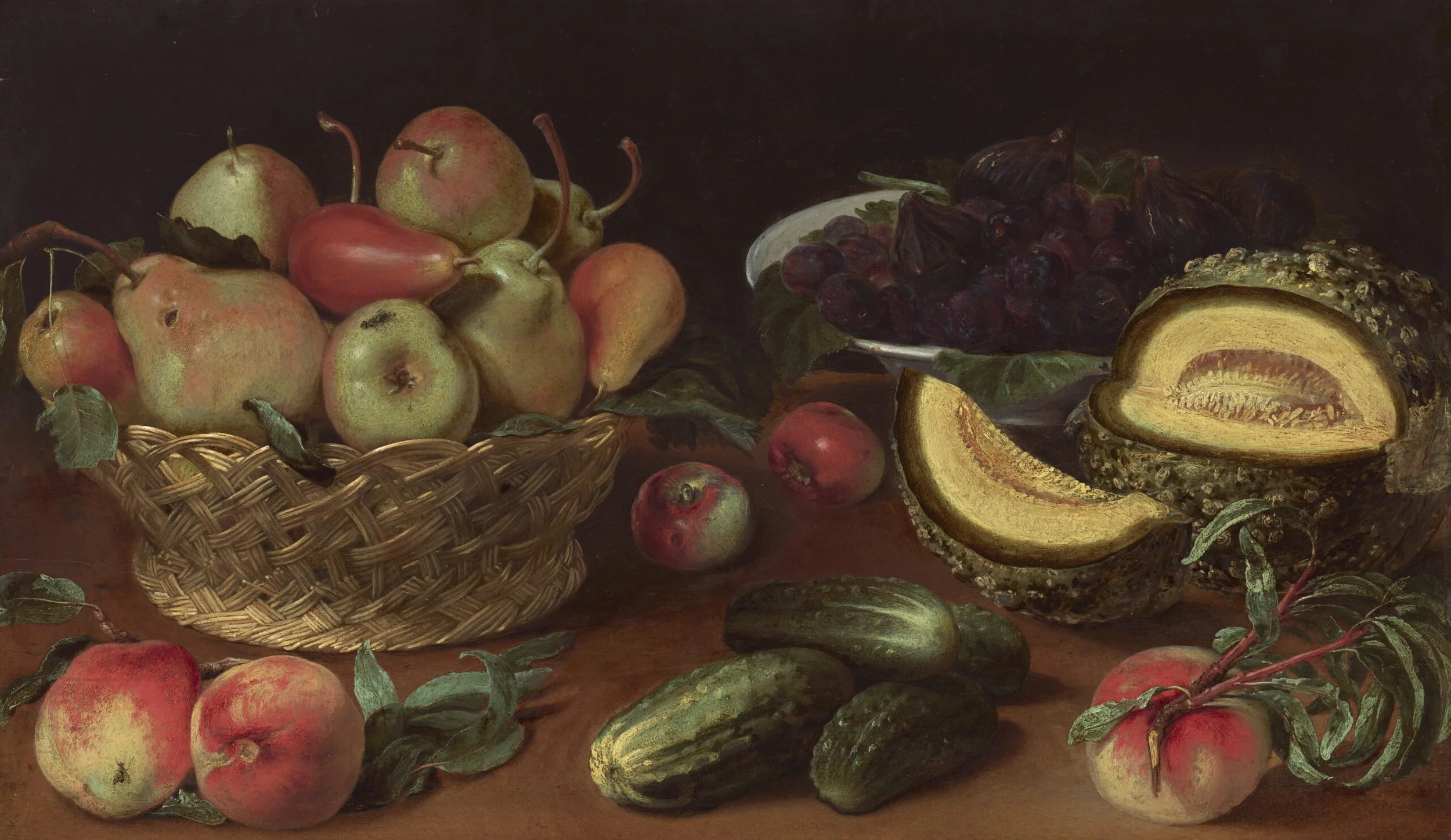 Still life painting by woman artist Fede Galizia (Italian, ca. 1578-ca. 1630), Still Life with Apples, Pears, Cucumbers, Figs, and a Melon, ca. 1625-1630