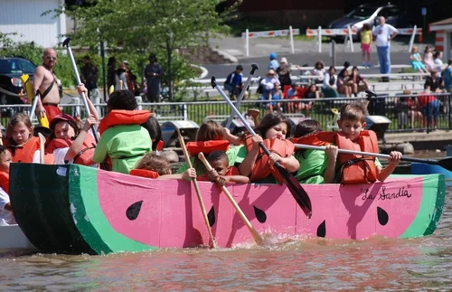 Watermelon cardboard Boat in Westport, NY's, boat parade.