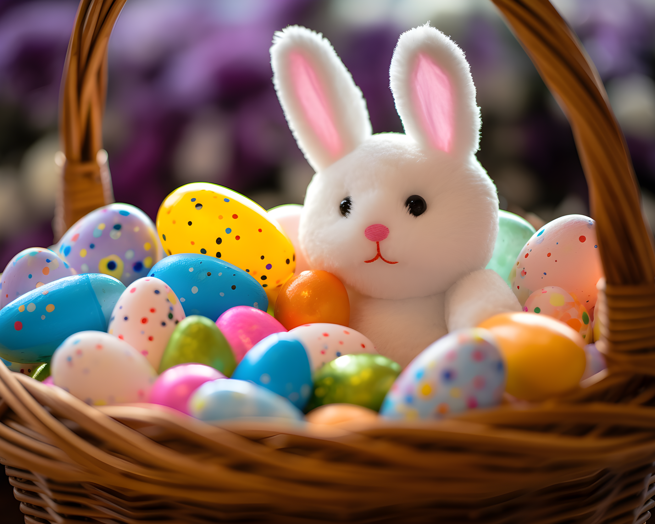 bunny toy with easter eggs in a basket representing Easter activities in the Adirondacks.