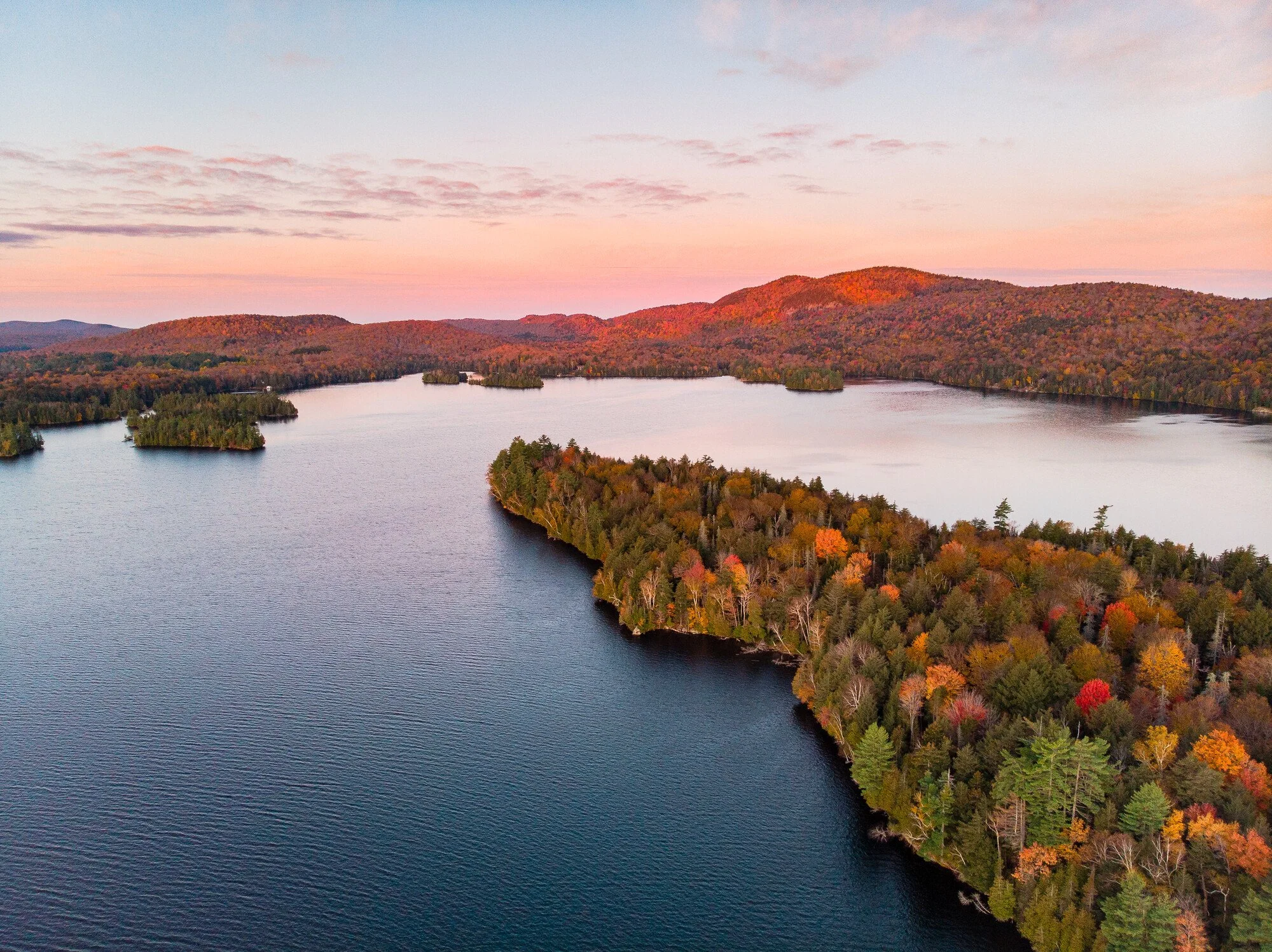 Fall foliage surrounds Blue Mountain Lake in the Central Adirondacks.