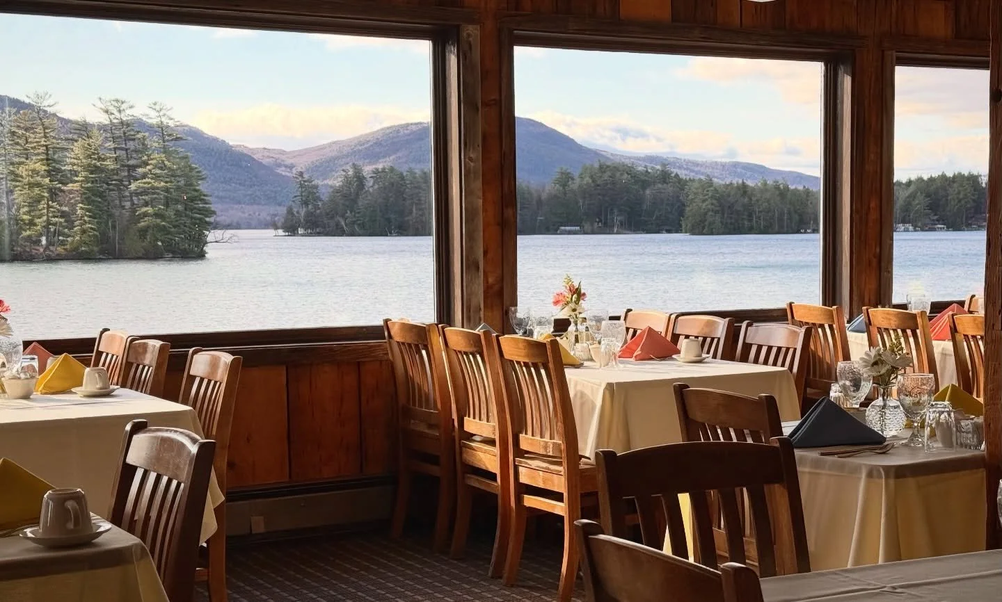View of Lake George from the indoor dining room at the Algonquin in Bolton Landing.