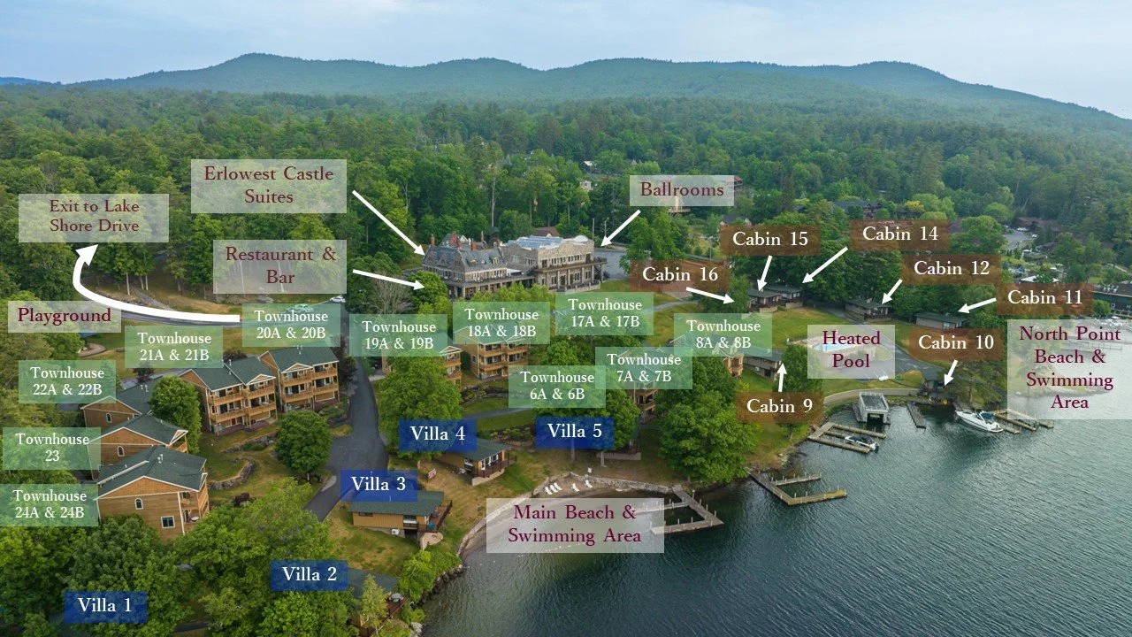 Map showing Erlowest inn and cabins on Lake George.