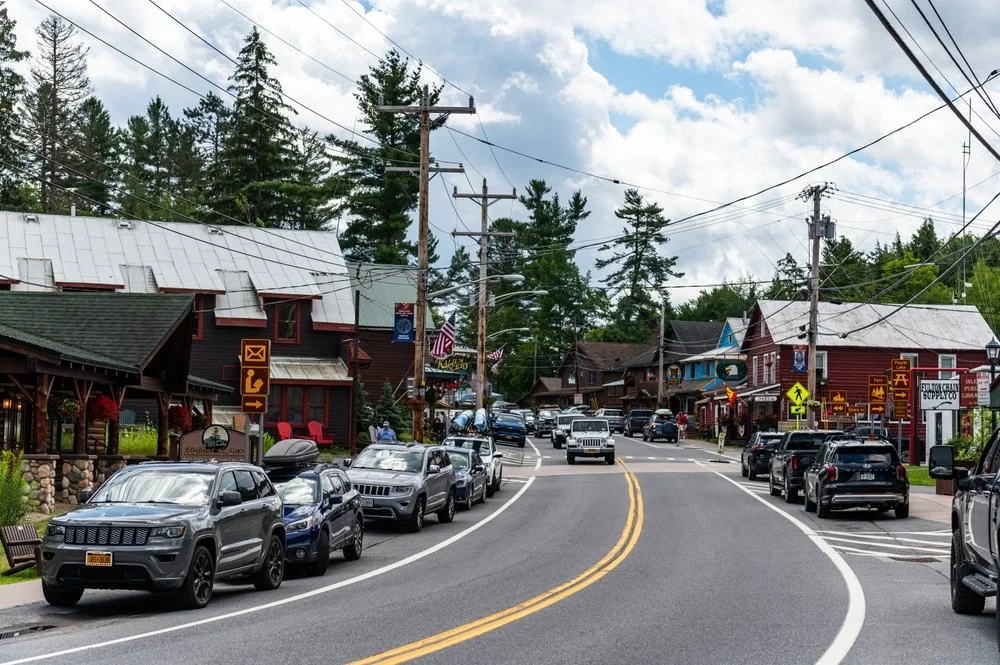 Main Street in Inlet, NY, during the summer.