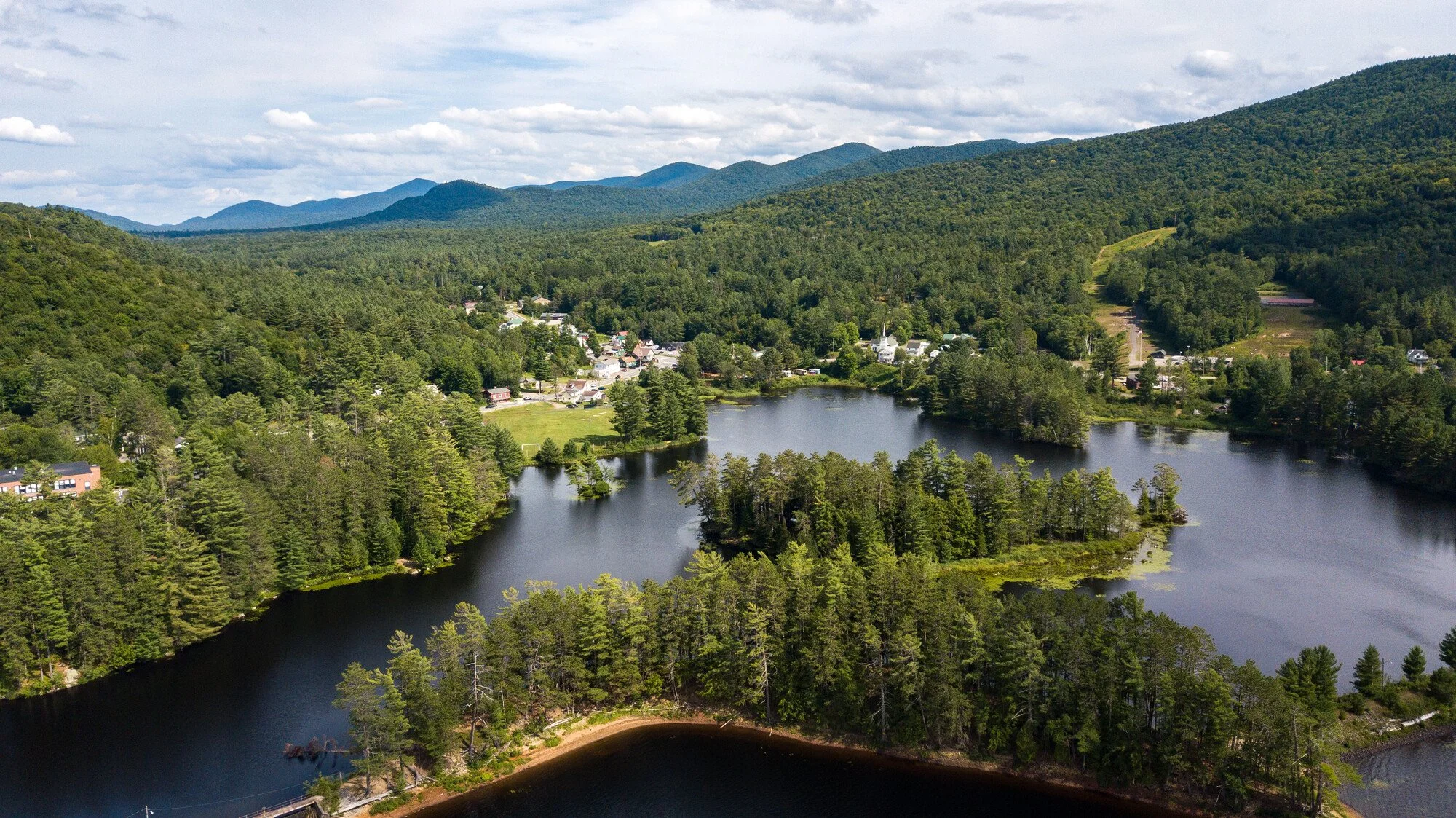 aerial view of Long Lake in the Adirondacks.