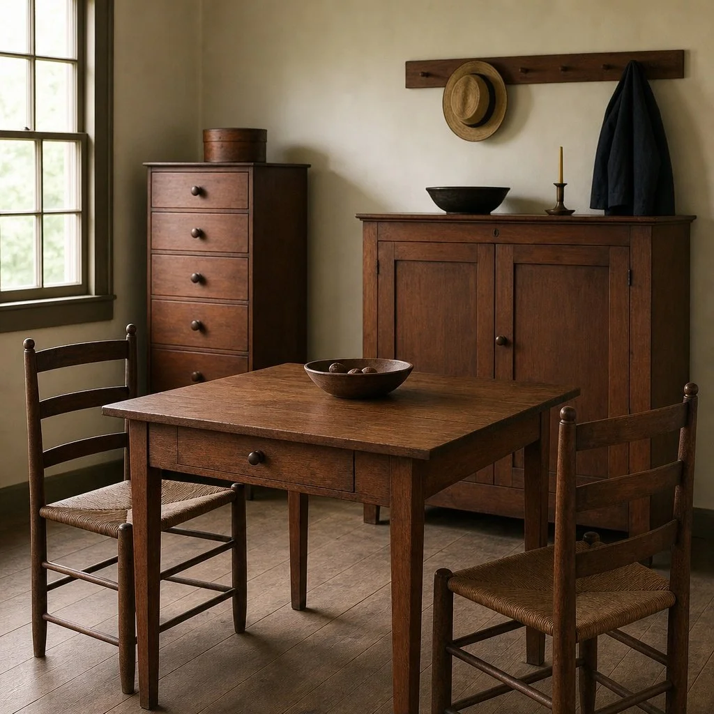 Table, chairs, and other typical Shaker-style furniture.