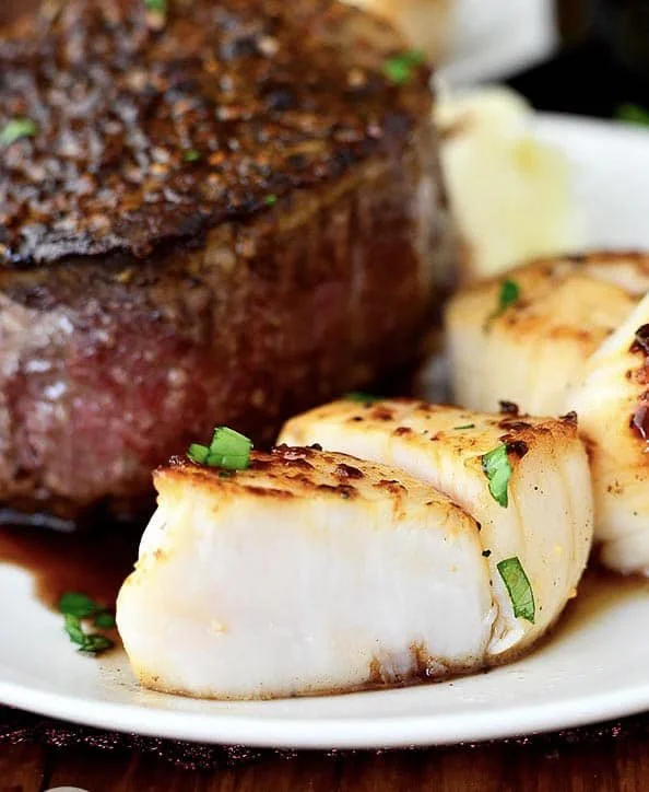 Grilled steak and scallops at Cafe Adirondack.