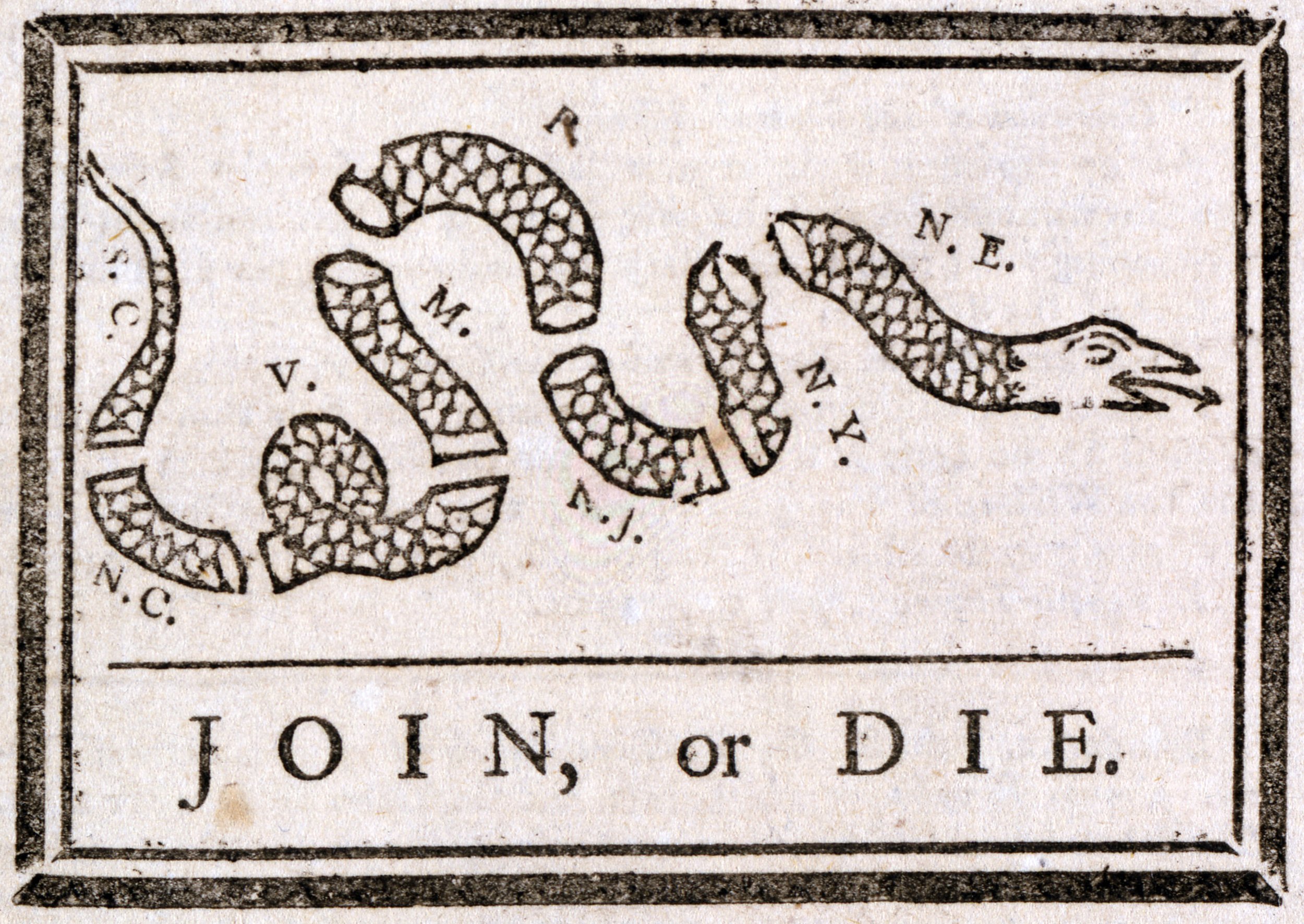 "Join, or Die" famous 18th-century political cartoon attributed to Benjamin Franklin.