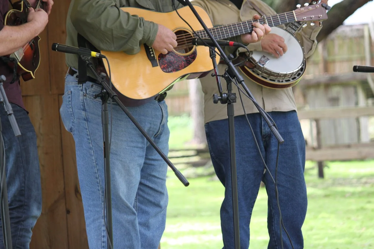 Folk and bluegrass musicians performing at outdoor festival.