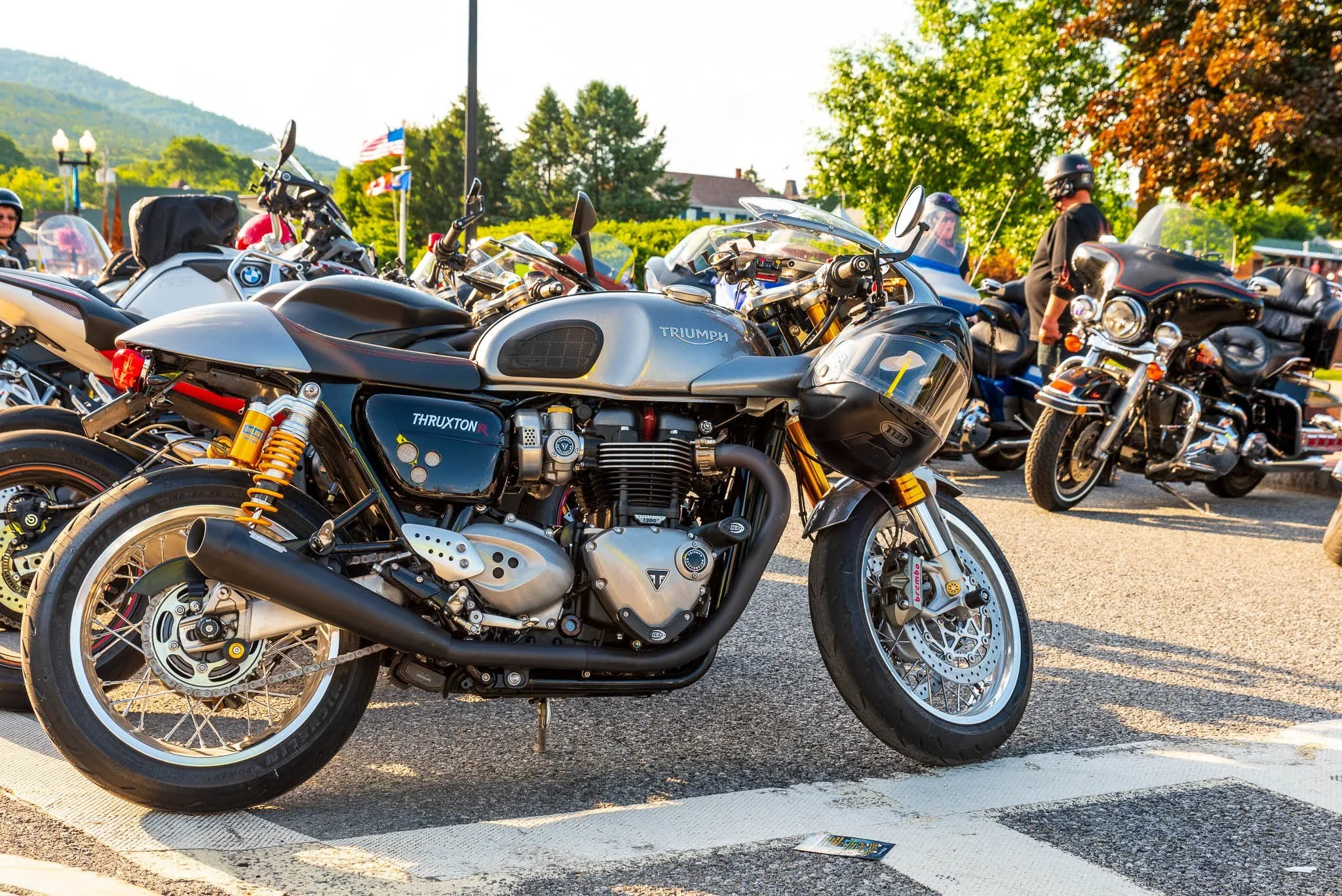 Motorcycles gleaming in the sun in Lake George Village in the Adirondacks.