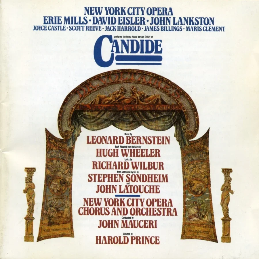 Original cast album cover from Candide, music by Leonard Bernstein.