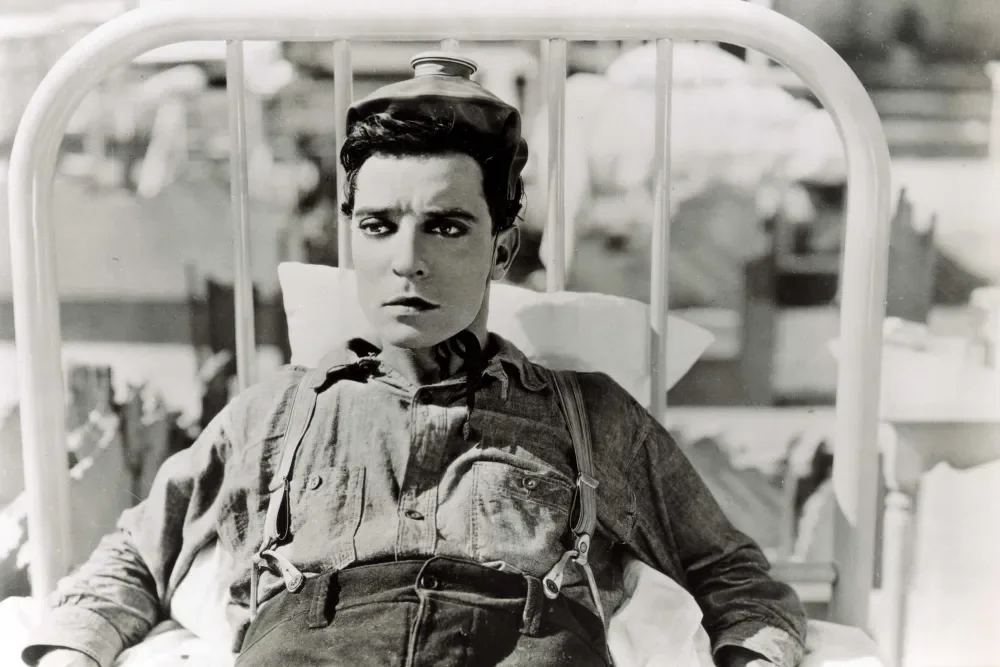Buster Keaton stars in the famous silent movie, Steamboat Bill, Jr.
