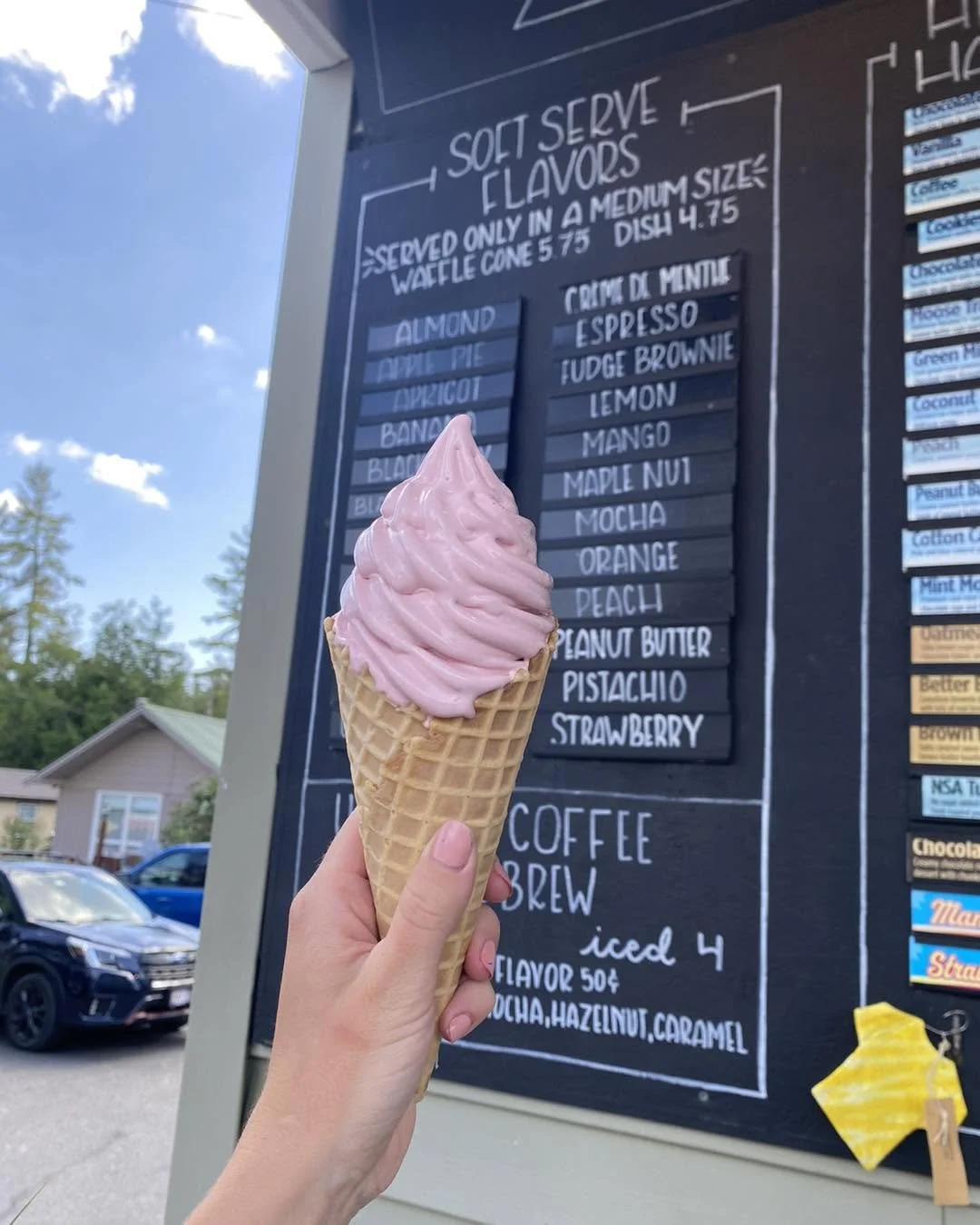 Soft serve ice cream in a waffle cone in Speculator.
