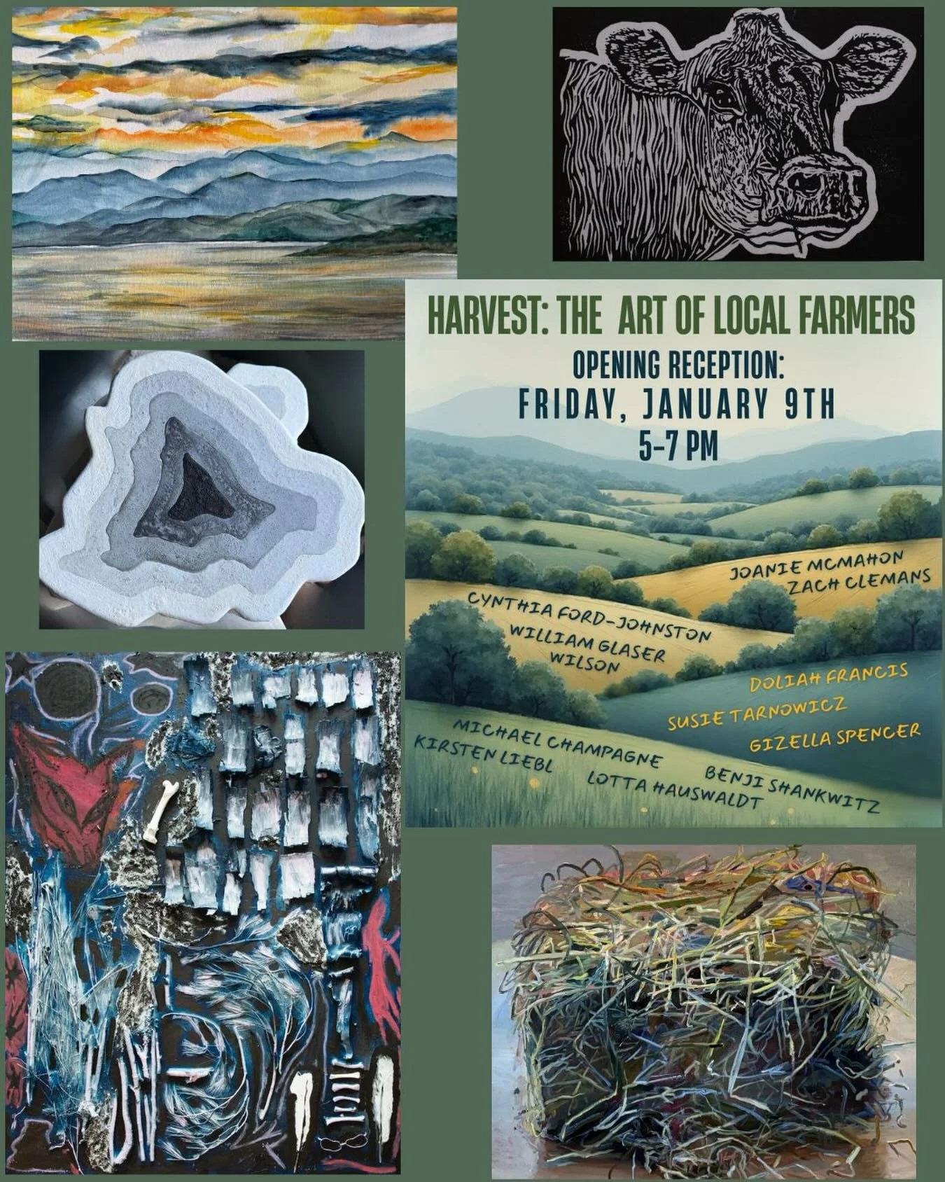 Collage of art and artists at Harvest: The Art of Local Farmers at Whitcomb's Arts