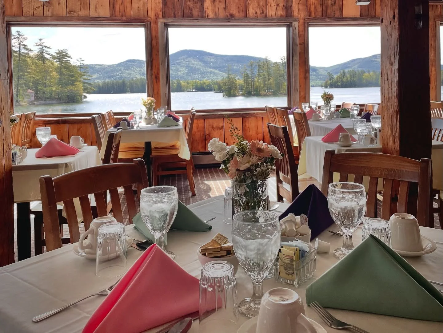 Indoor tables set for Mother's Day Brunch at the Algonquin Restaurant on Lake George.