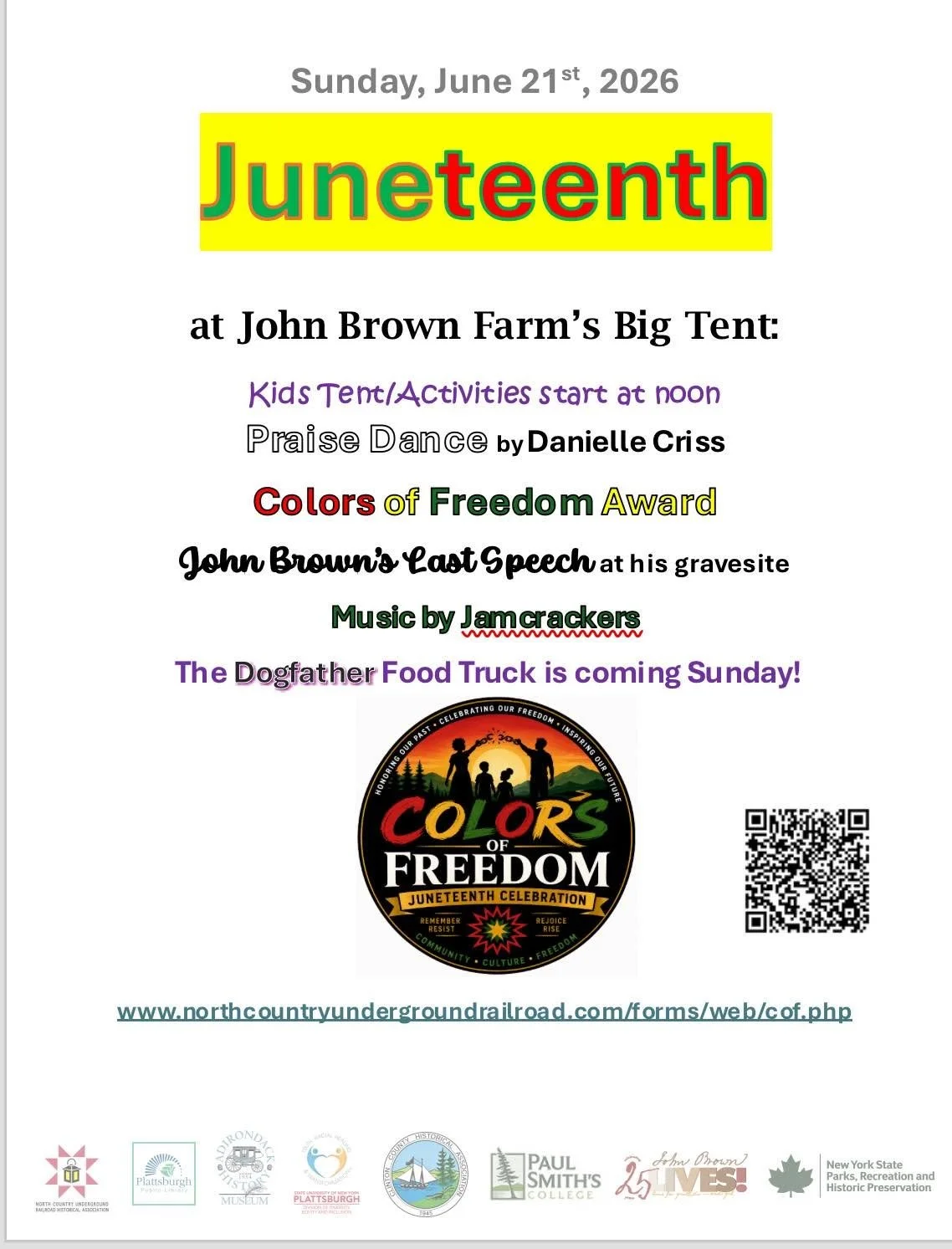 Flier with details for the 2026 Juneteenth celebration at John Brown Farm