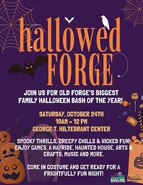 Flyer listing events and activities for Hallowed Forge in Old Forge on October 24, 2026.