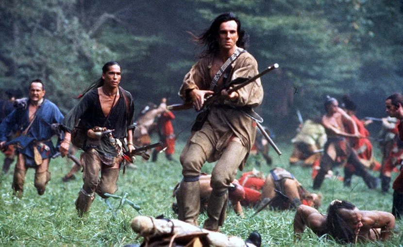 Daniel Day Lewis as Hawkeye in battle scene in the film Last of the Mohicans.
