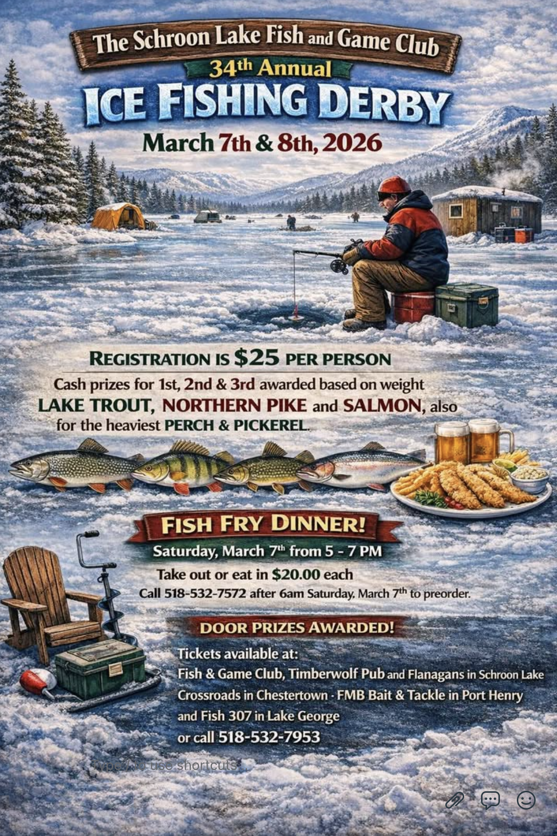 Flyer promoting the Schroon Lake Fish and Game Club 2026 Ice Fishing Derby.