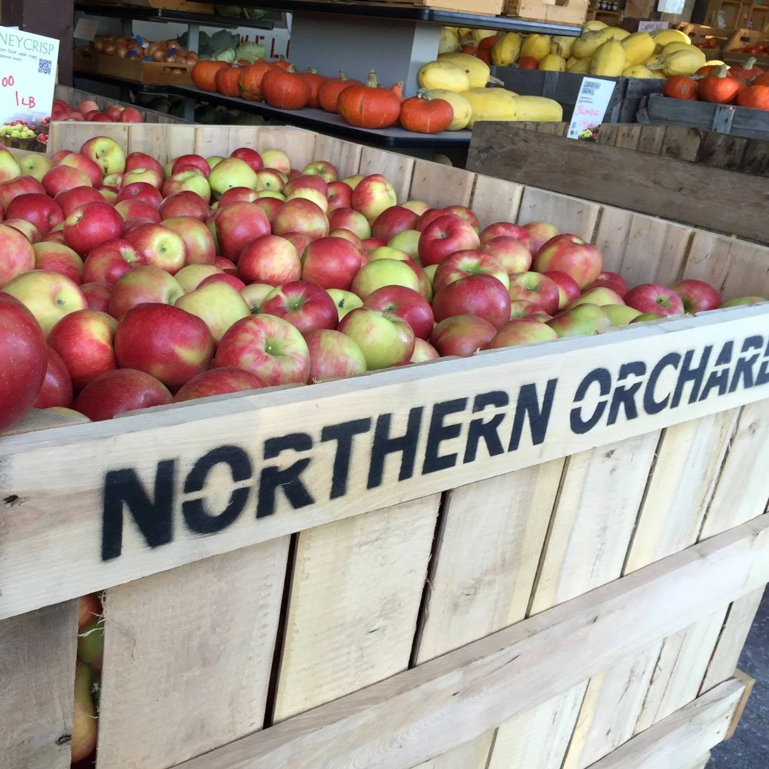 Apples and produce on display at Northern Orchard's farmstand in Peru, NY.