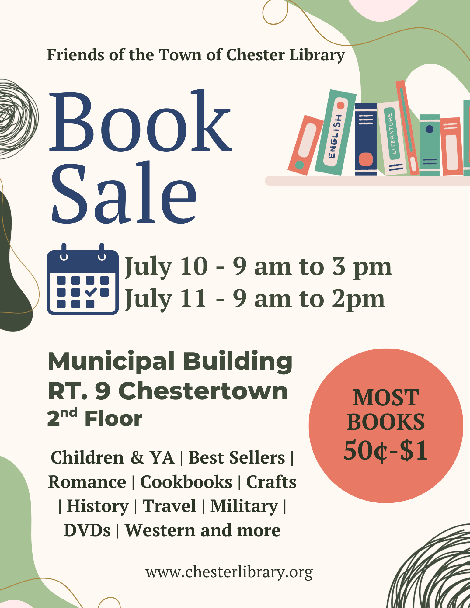 flyer promoting the chestertown library summer book sale, July 10-11, 2026