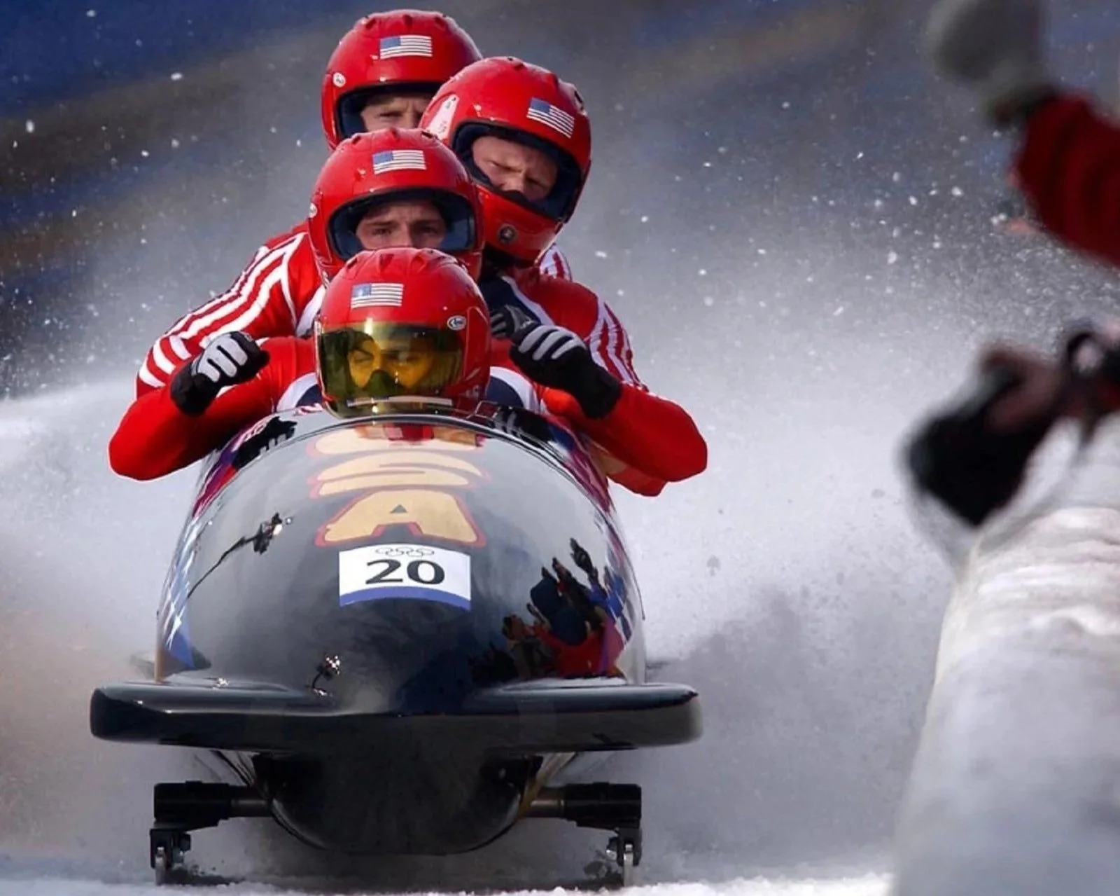 Team usa bobsledders on the track at Mt. Van Hoevenberg.