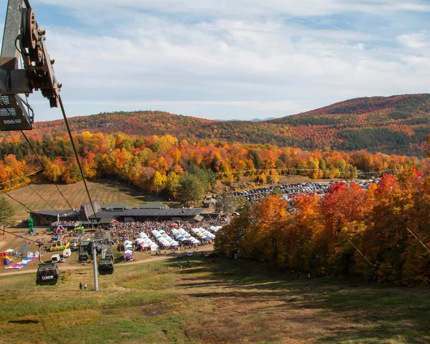 Aerial image of Gore Mountain's Harvest fest in the fall.