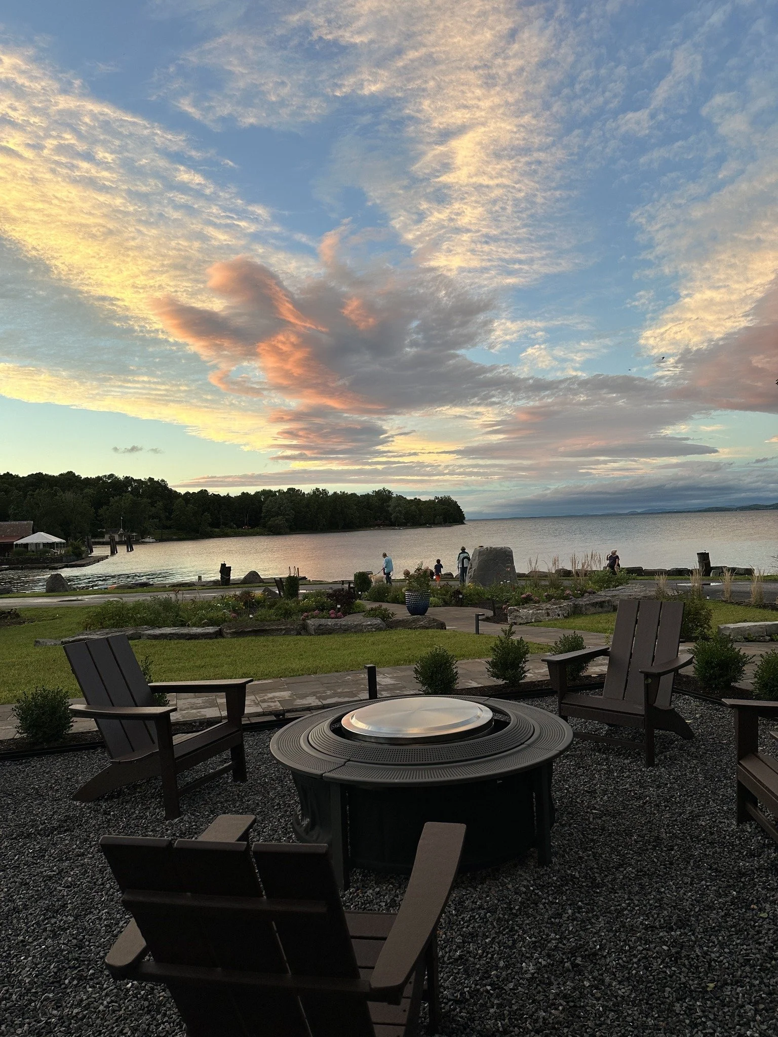 Outdoor firepit overlooking Lake Champlain in the Adirondack town of Essex.