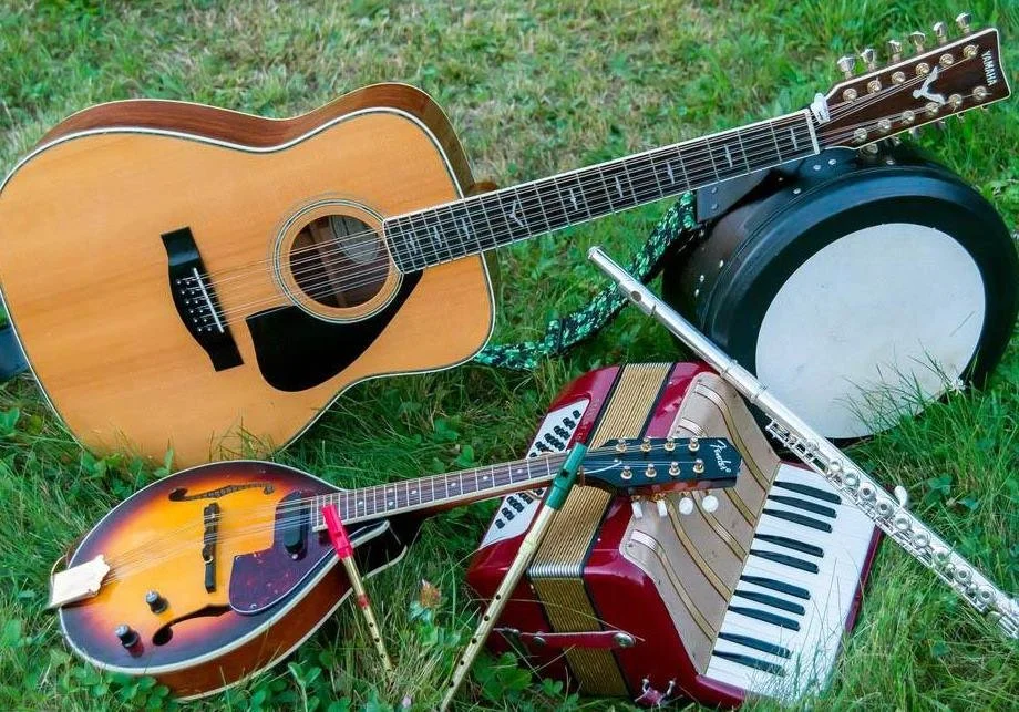 Instruments used in the gaelic music performance by Triskele at Tannery Pond Center.