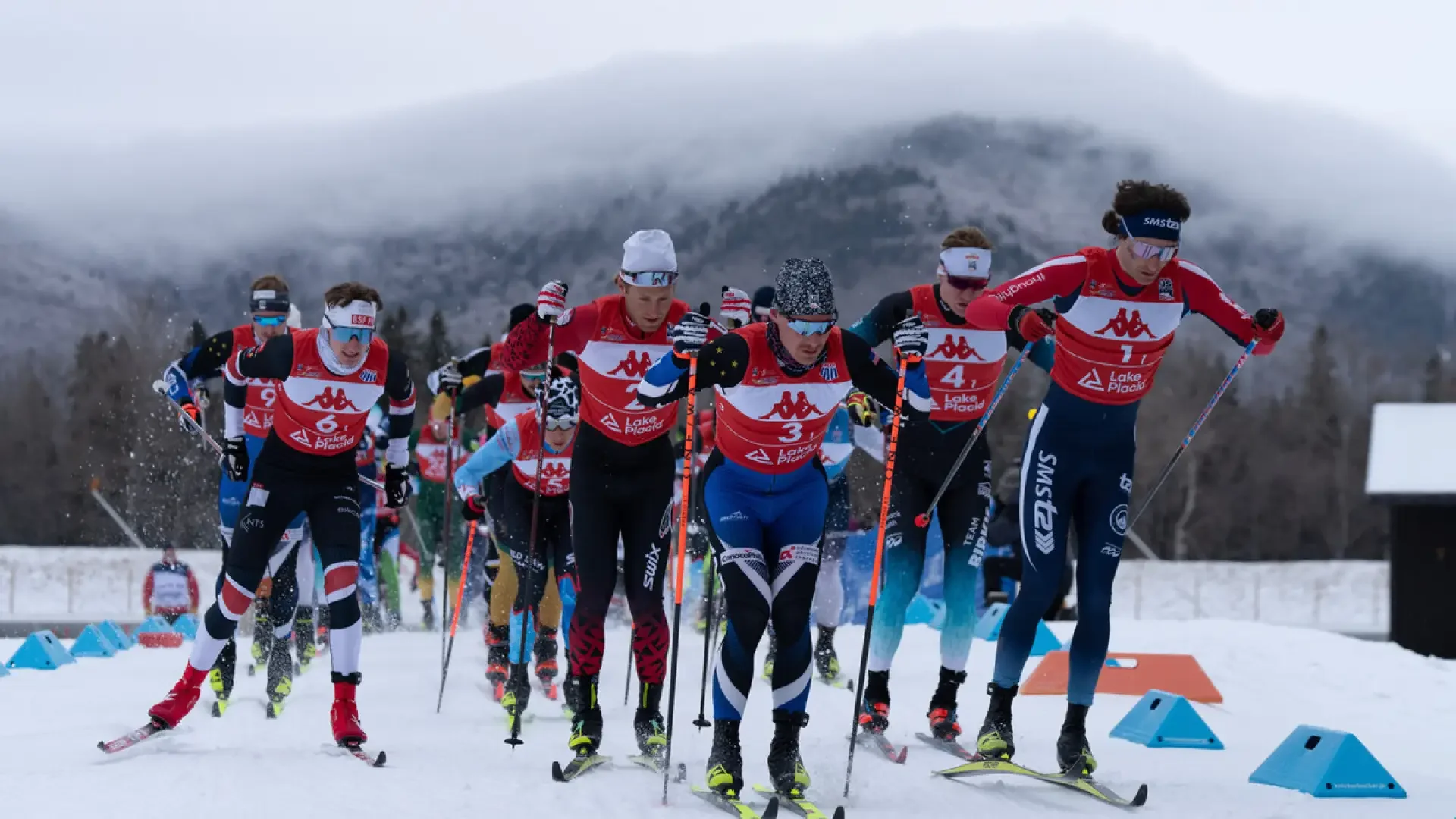 Cross-country skiers racing at the Lake Placid Olympic venue during the FIS World Cup in the Adirondacks