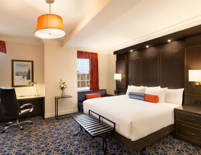 King deluxe room at Hotel Saranac in the Adirondacks.