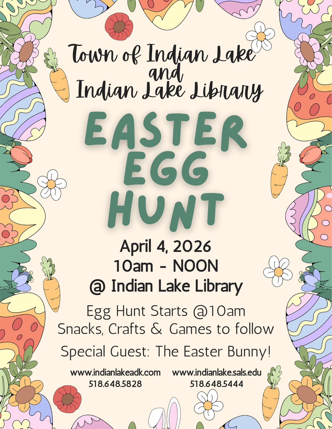 Promotional flyer for 2026 Easter Egg Hunt in Indian Lake.