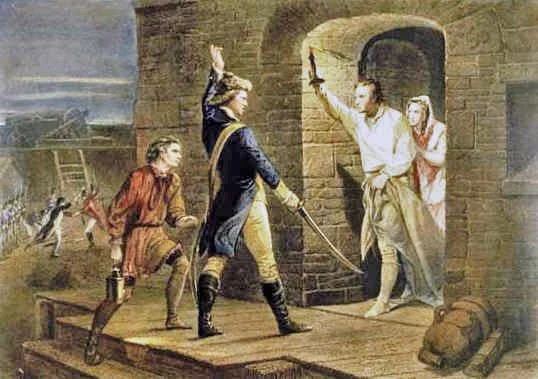 Illustration of the capture of Fort Ticonderoga during the American Revolution.