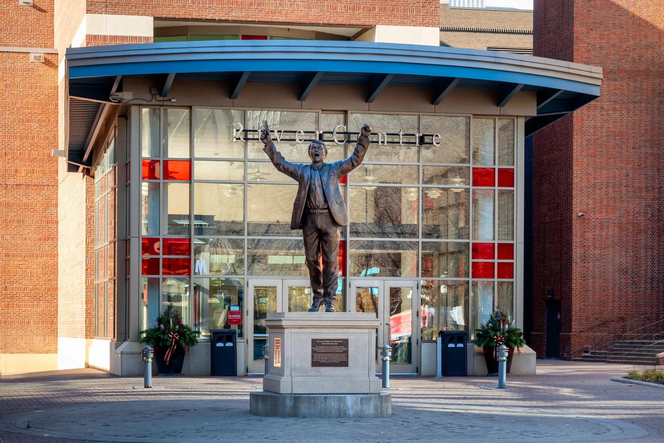 Statue of Herb Brooks, coach of 1980 Miracle on Ice hockey team.