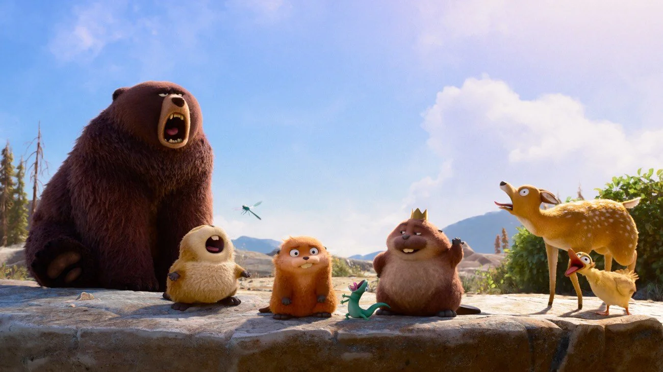 A bear, dragonfly, beaver, lizard, deer and other animals appear in the Disney and Pixar fill Hoppers playing in Indian Lake.
