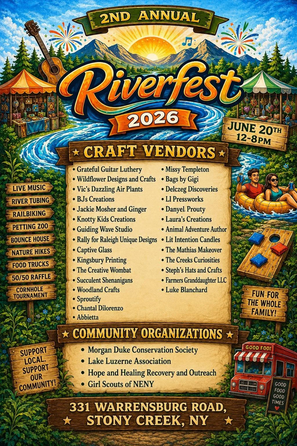 Information about Riverfest in Stony Creek on a colorful flyer.