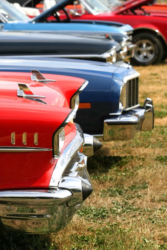 Hot rods, classic, and vintage cars lined up at the Nationals Car Show in Lake George.