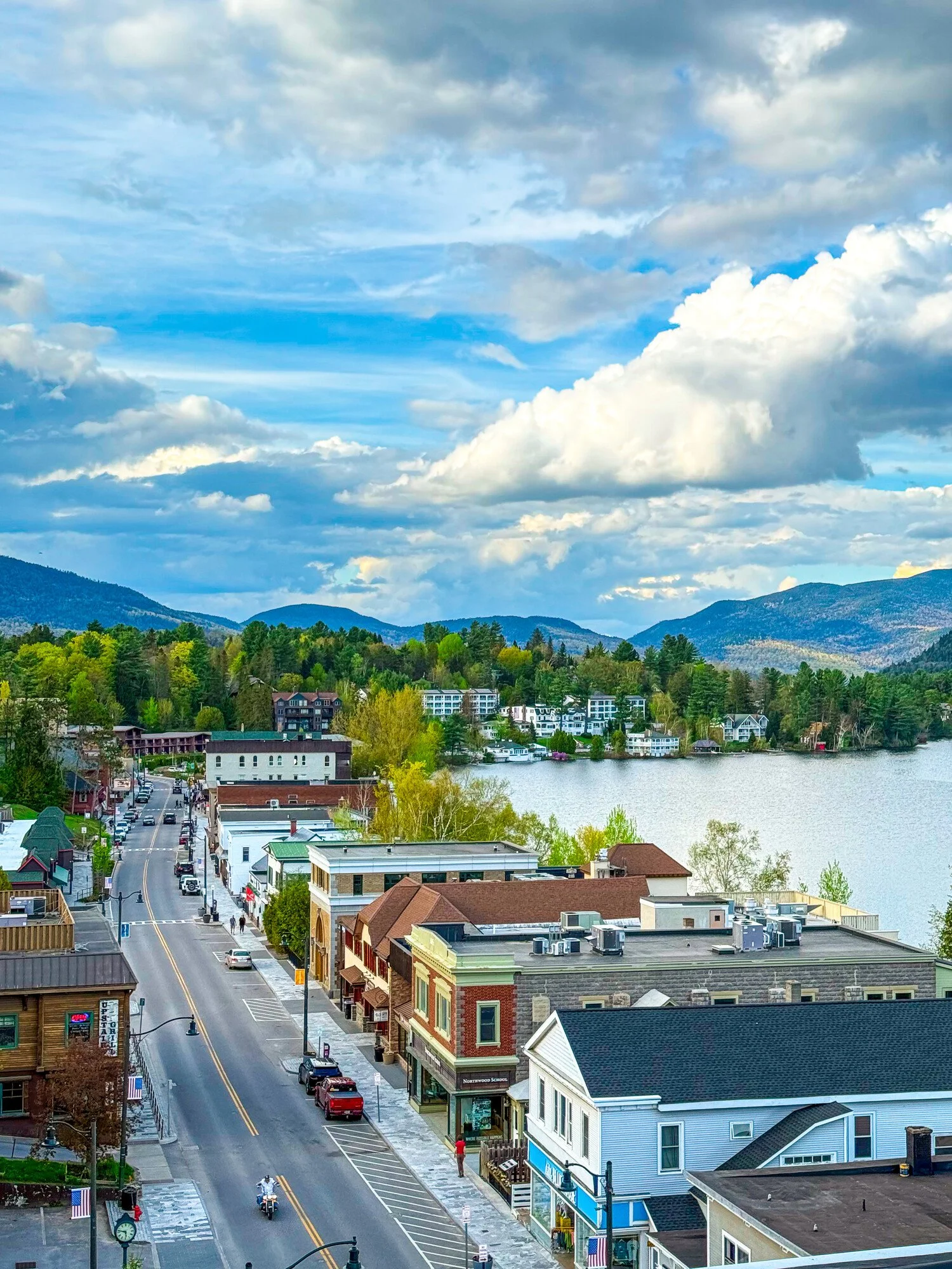 Aerial view of downtown lake placid, part of the Lake Placid Marathon race course.