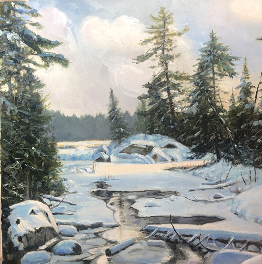 Winter Light paintings by Adirondack artist Sandra Hildreth in Saranac Lake.