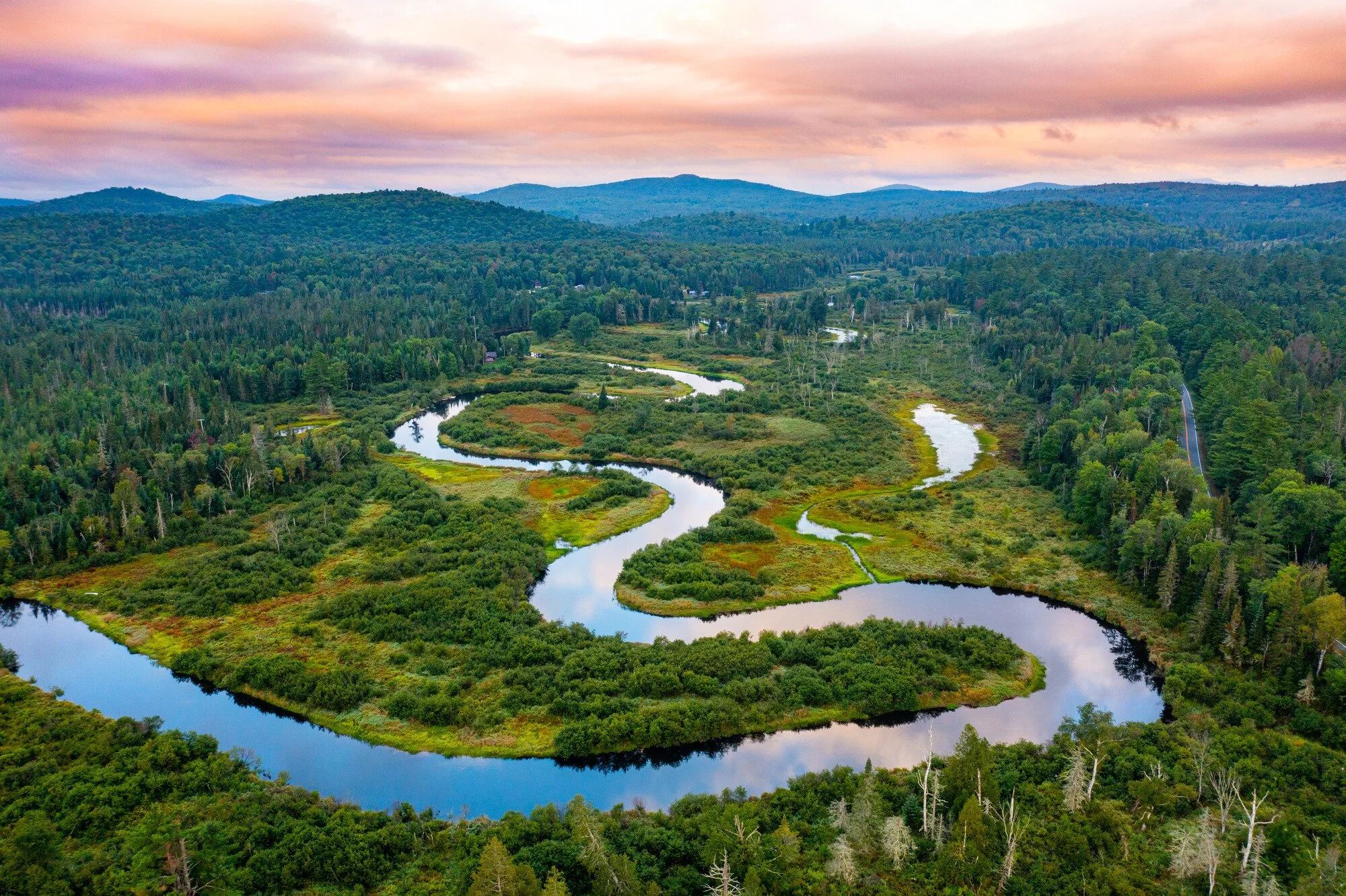 Aerial view of the Saranac River.