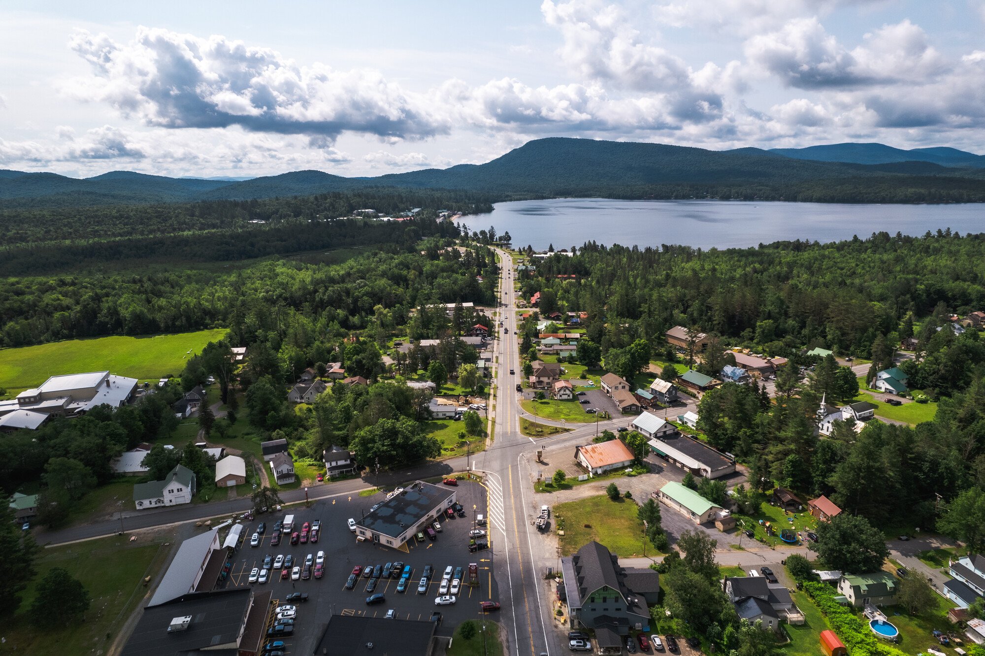Aerial view of the center of Speculator, NY and Lake Pleasant.