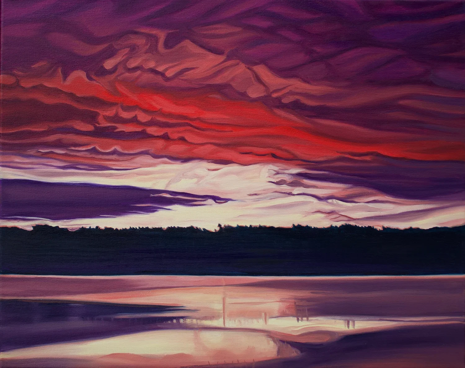 Painting by Adirondack artist Deb Kahler depicting sunrise at Monitor Bay.