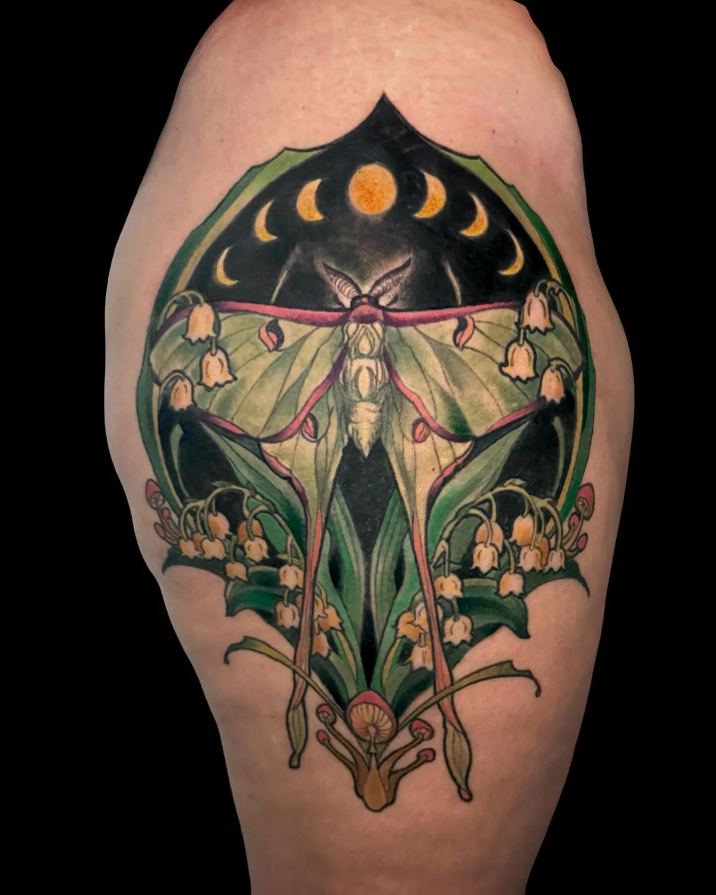 Luna Moth, lovely thigh piece. What fun. Now booking in Asheville for late March and April follow the link in my bio for an appointment request.
