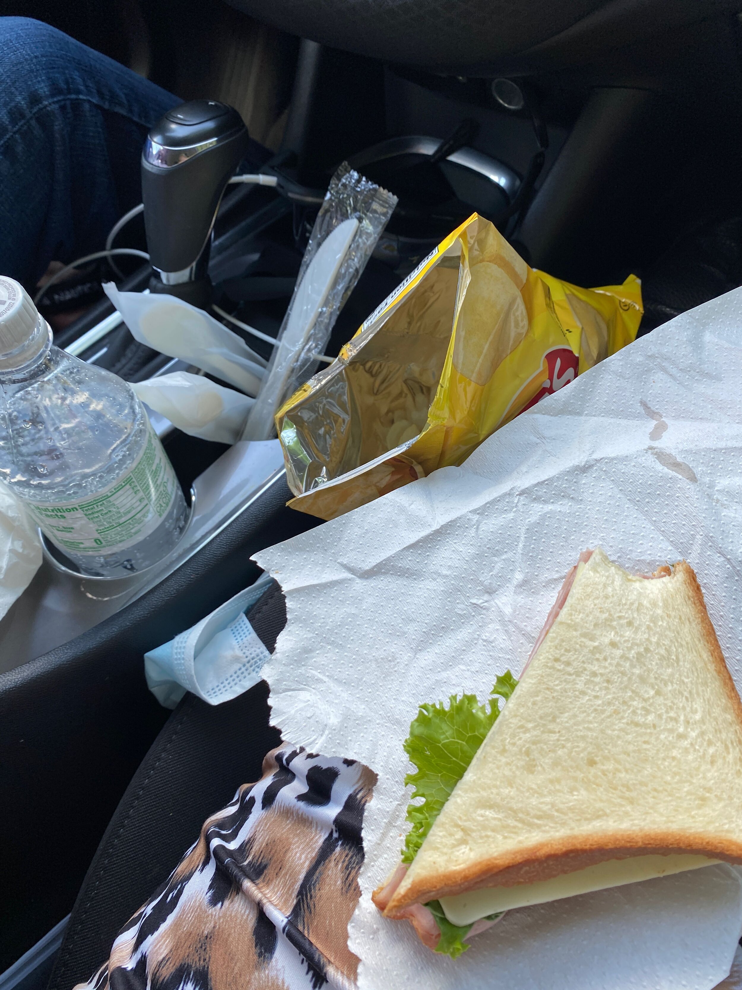 Lunch, a store-bought, cold sandwich in the car waiting for traffic to open was making the best of the situation. It's all part of the adventure.