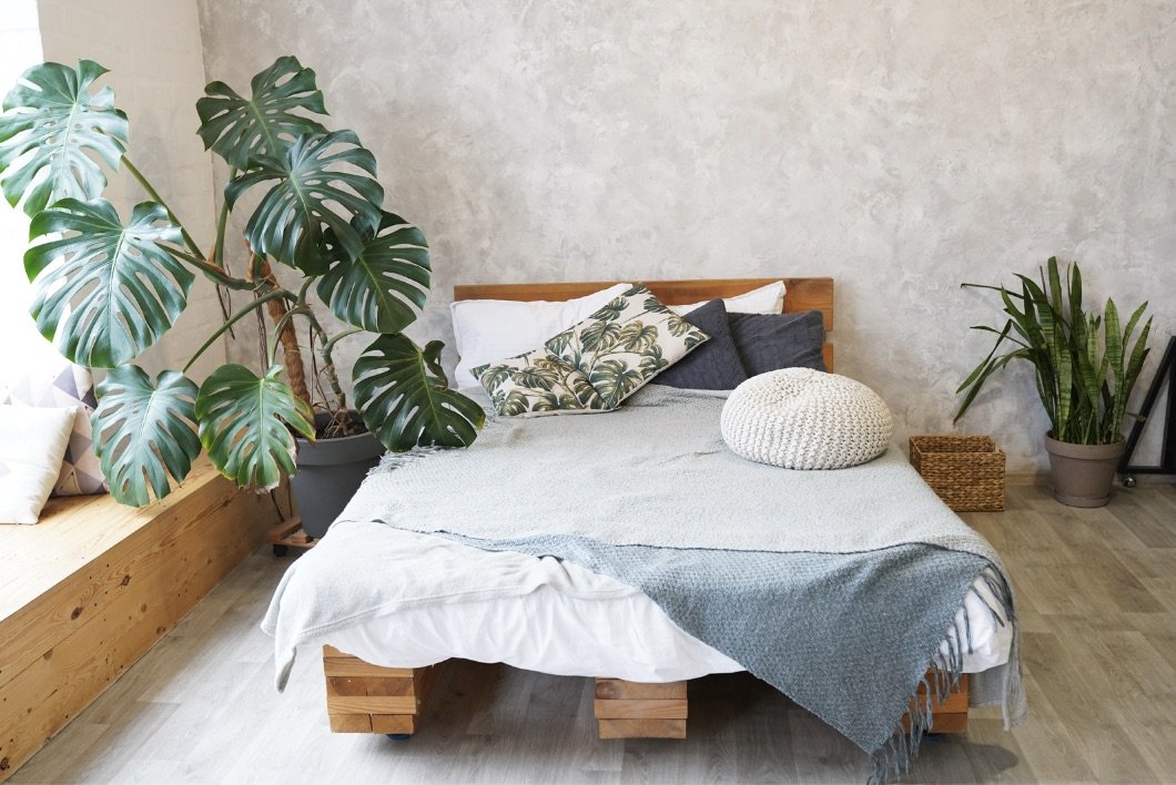 Décoration au dessus d'un lit avec édredon et coussin tropical