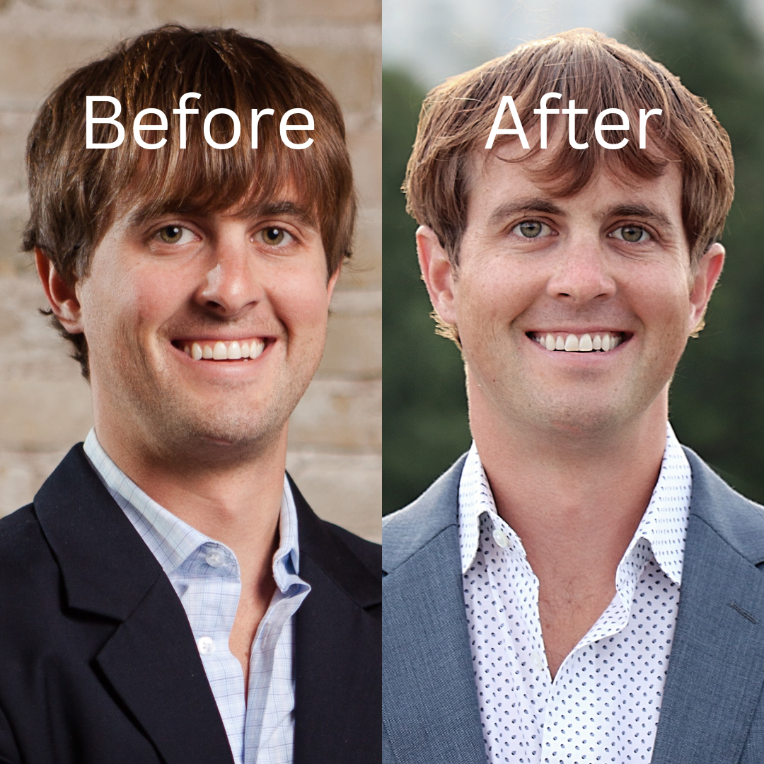 Before and after picture of Andy Wolfe looking thinner, happier, and healthier after