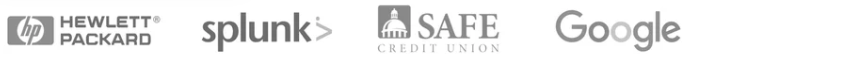 Logos of Hewlett Packard, Splunk, SAFE Credit Union, and Google.
