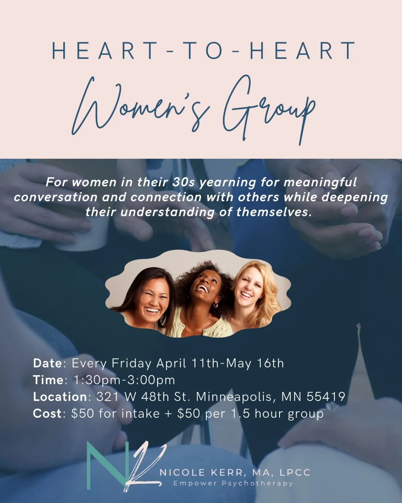 We&rsquo;re back! The spring session of the Heart-to-Heart Women&rsquo;s group begins April 11th! 👯&zwj;♀️

This group is for women in their 30s who want to come together every Friday to connect on a deeper level&mdash;sharing real-life struggles, c