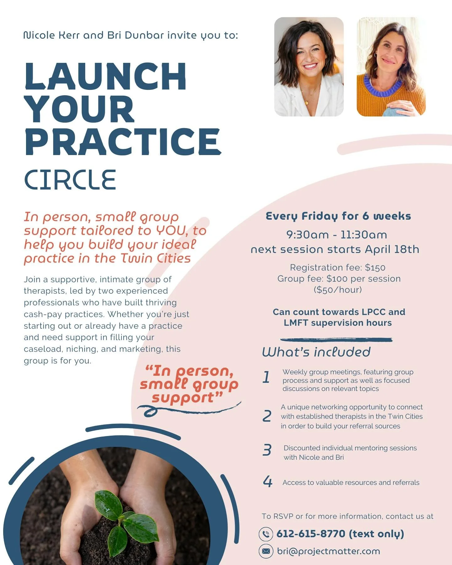 The spring cohort of Launch Your Practice Circle is filling fast, and there&rsquo;s only one spot left! 

If you&rsquo;re a Twin Cities therapist thinking about starting your own solo, private pay practice, this is your chance to get the support you 