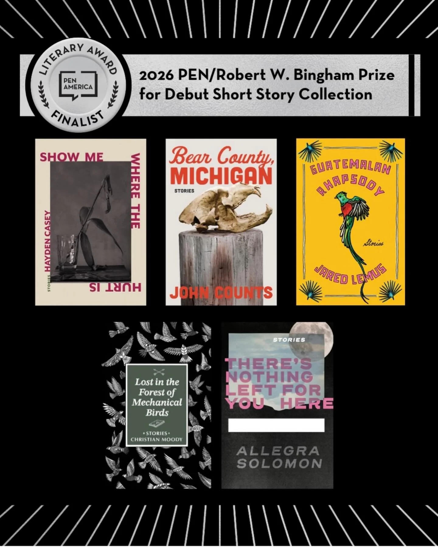 Guatemalan Rhapsody is a finalist for the PEN/ Robert W. Bingham prize for Debut Short Story Collection!!! 🇬🇹🇬🇹🇬🇹 Congrats to all of the finalists!
