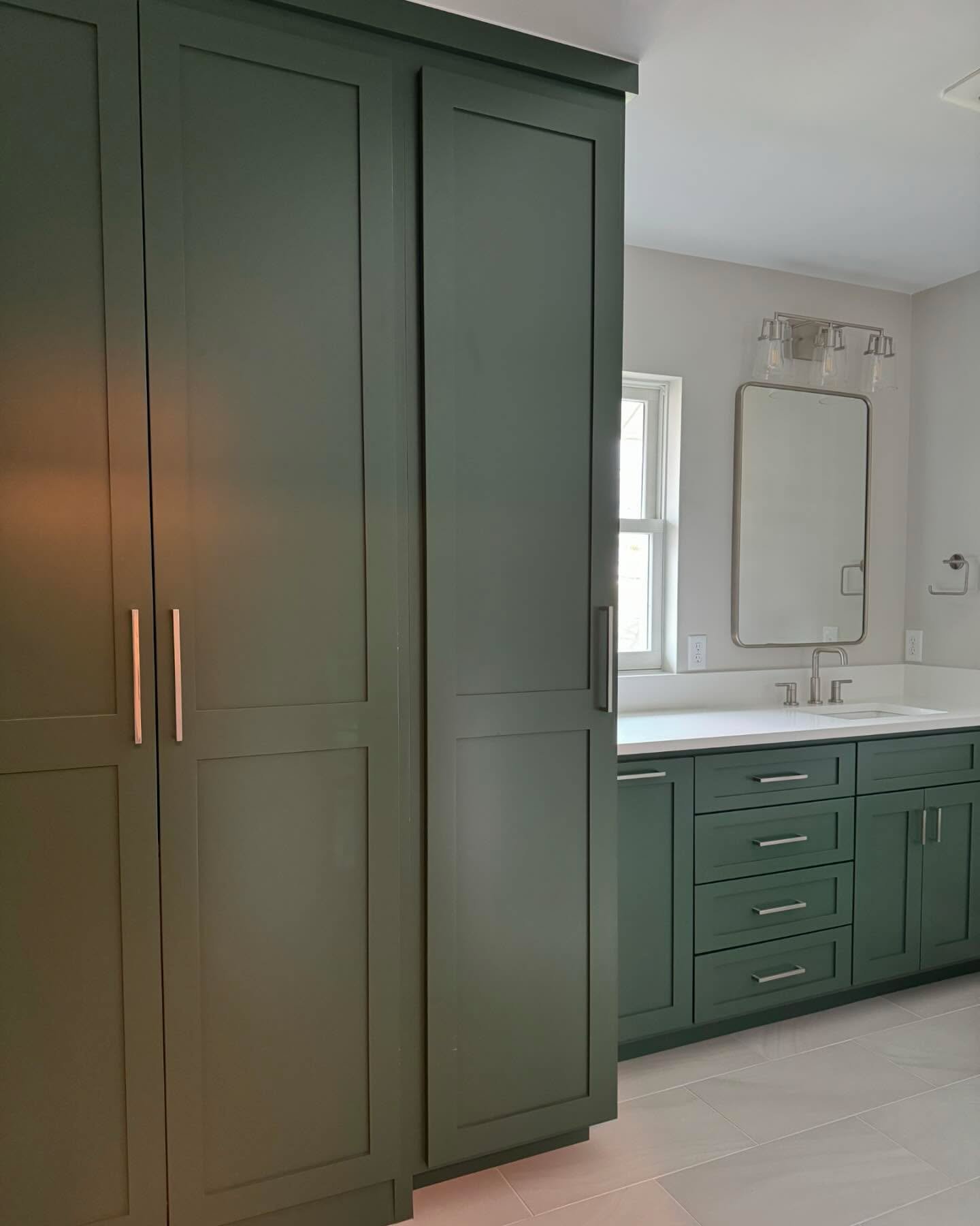 Phase 1 Main Bathroom- Mulford Remodel.  These before and after always blow me away, but this one is one of my favorites. .  #bathroomremodel #customcabinetry #columbusremodel #614designer #greencabinets #mainbathroom